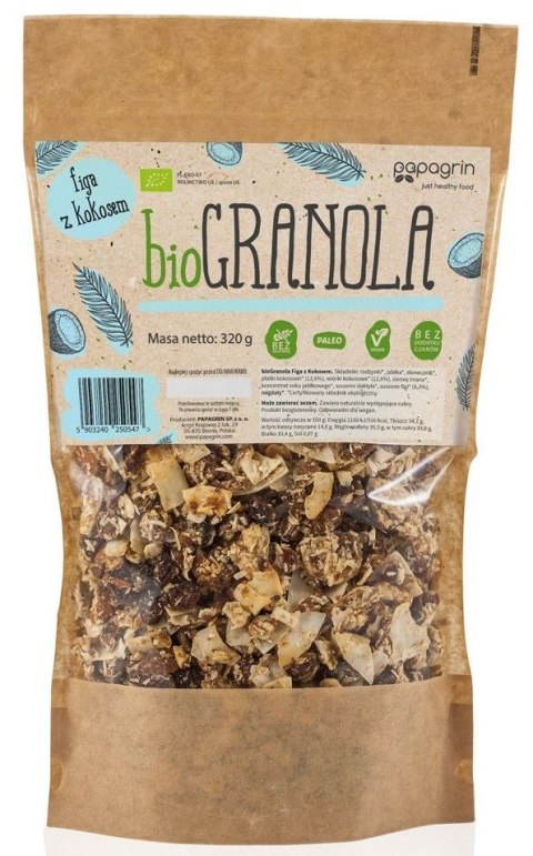 GRANOLA FIGA Z KOKOSEM BEZ DODATKU CUKRÓW BEZGLUTENOWA BIO 320 g - PAPAGRIN