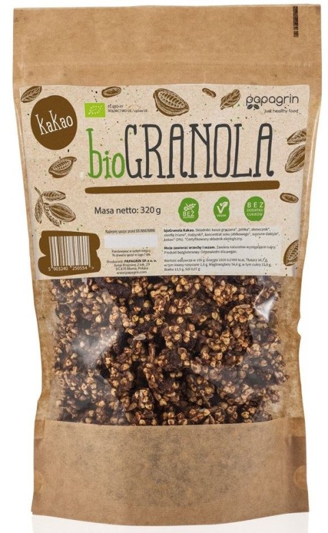 GRANOLA Z KAKAO BEZ DODATKU CUKRÓW BEZGLUTENOWA BIO 320 g - PAPAGRIN