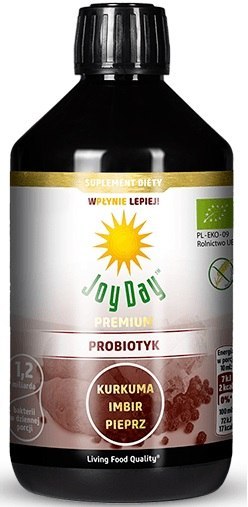 KONCENTRAT NAPOJU PROBIOTYCZNEGO KURKUMA IMBIR PIEPRZ BEZGLUTENOWY BIO 500 ml - JOY DAY