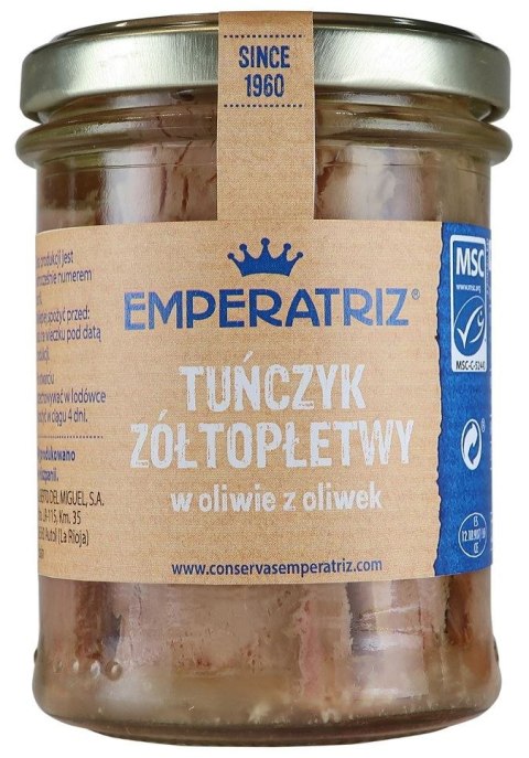 TUŃCZYK ŻÓŁTOPŁETWY FILETY MSC W OLIWIE Z OLIWEK 200 g (SŁOIK) - EMPERATRIZ