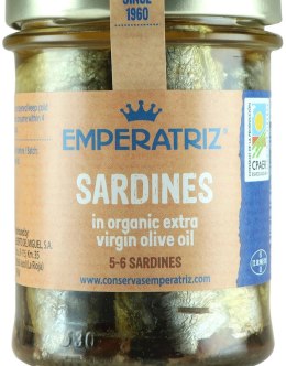 SARDYNKI EUROPEJSKIE W BIO OLIWIE Z OLIWEK EXTRA VIRGIN 190 g (133 g) (SŁOIK) - EMPERATRIZ