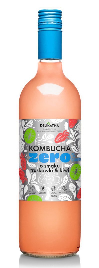 KOMBUCHA O SMAKU TRUSKAWKI I KIWI ZERO % CUKRU 750 ml - DELIKATNA