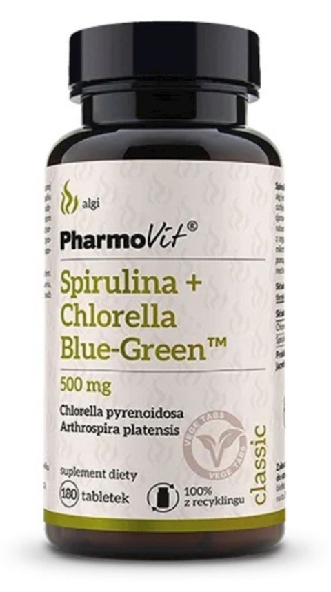 SPIRULINA + CHLORELLA BLUE-GREEN BEZGLUTENOWA 180 TABLETEK - PHARMOVIT (CLASSIC)