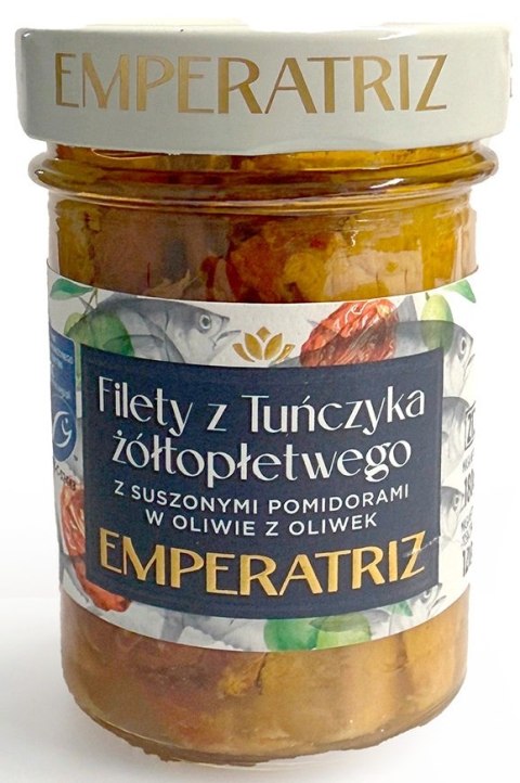 TUŃCZYK ŻÓŁTOPŁETWY FILETY MSC W OLIWIE Z OLIWEK Z SUSZONYMI POMIDORAMI 180 g (SŁOIK) - EMPERATRIZ